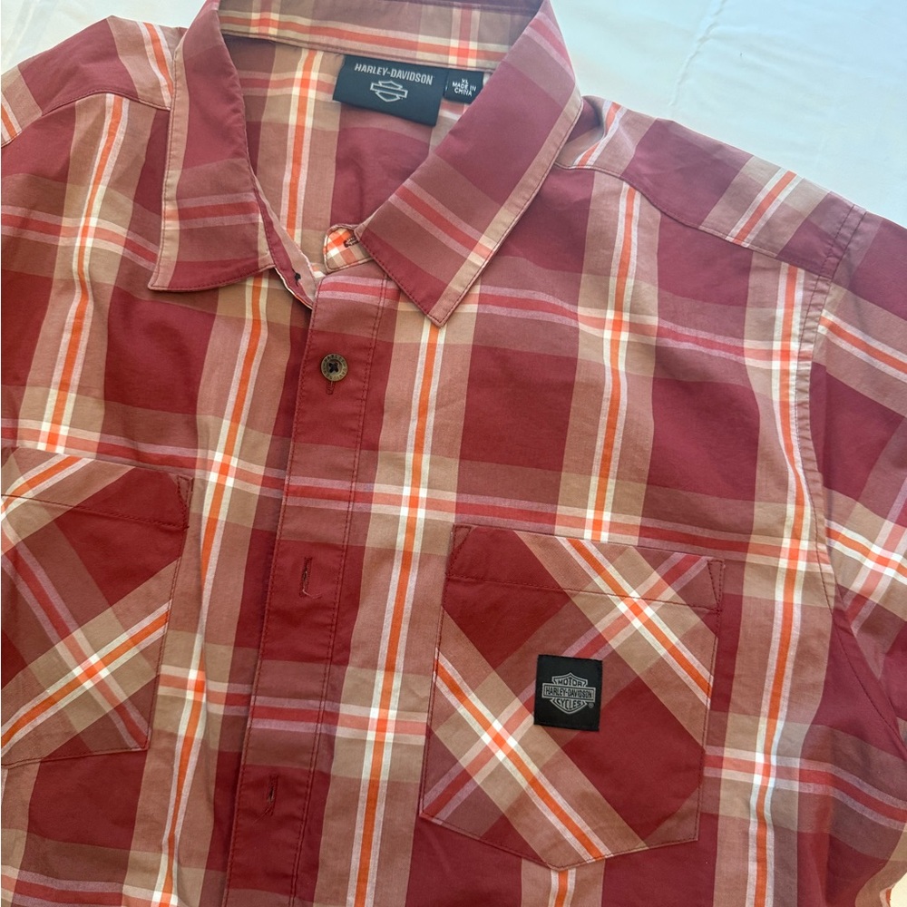 Harley-Davidson Maroon, Orange and White Plaid Button-Down Shirt